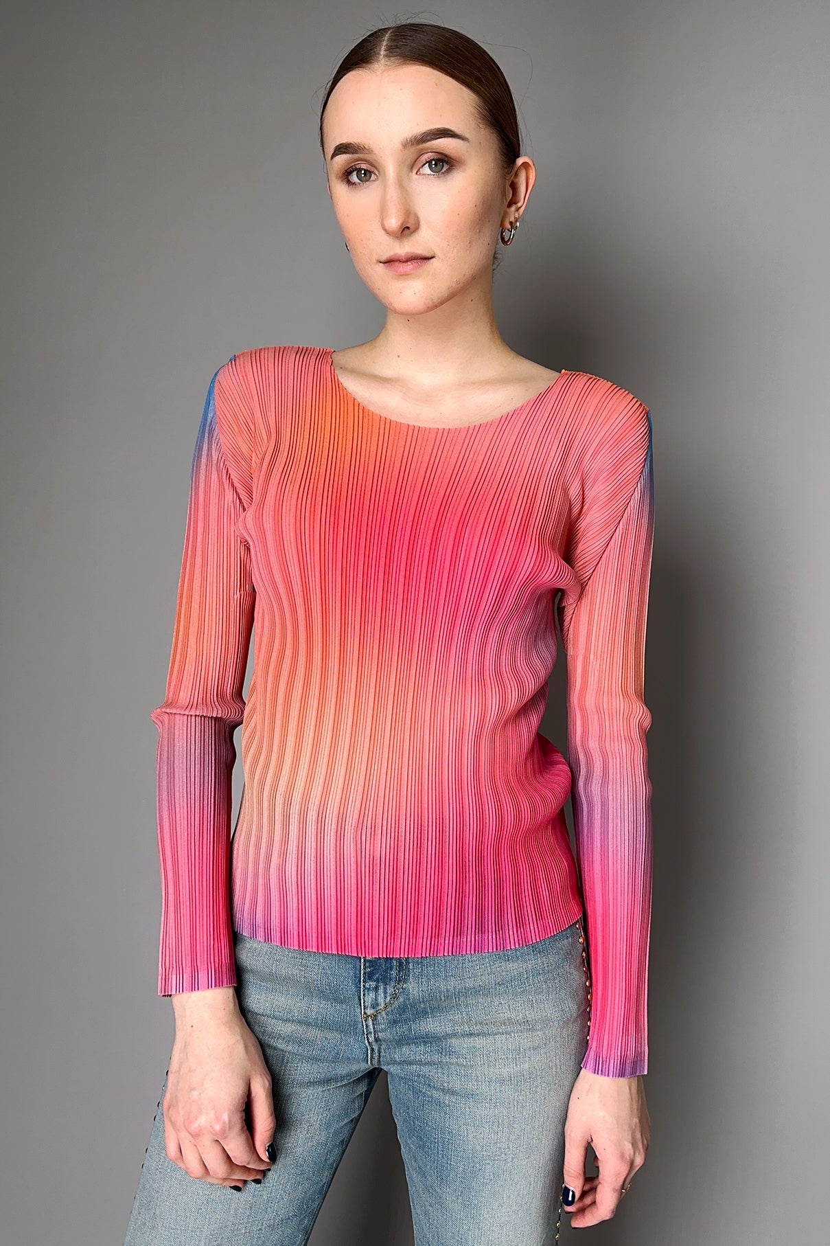 Pleats Please Issey Miyake Melty Rib Crew Neck Top in Pink and Blue – Ashia  Mode