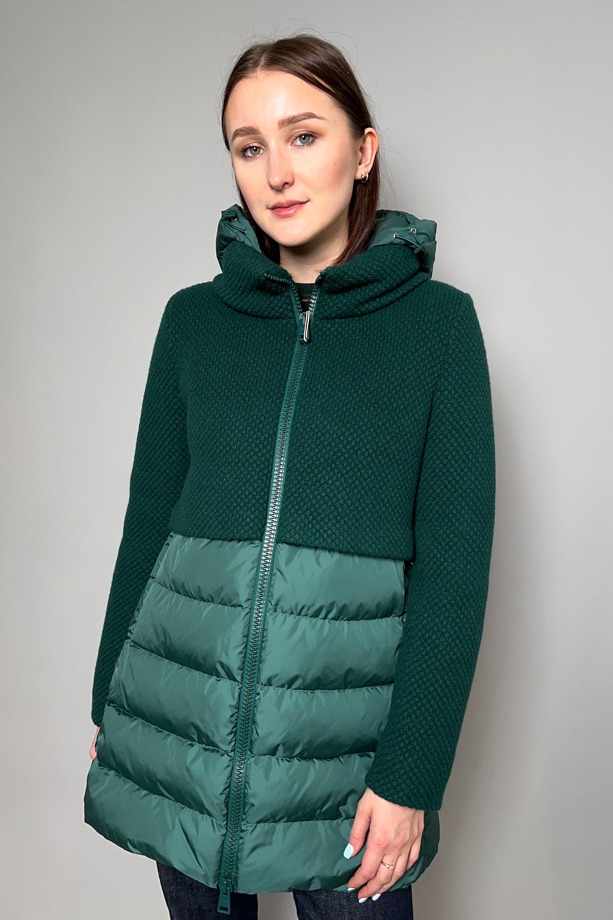 Herno Down Puffer Coat with Knit Overlay in Hunter Green Ashia Mode