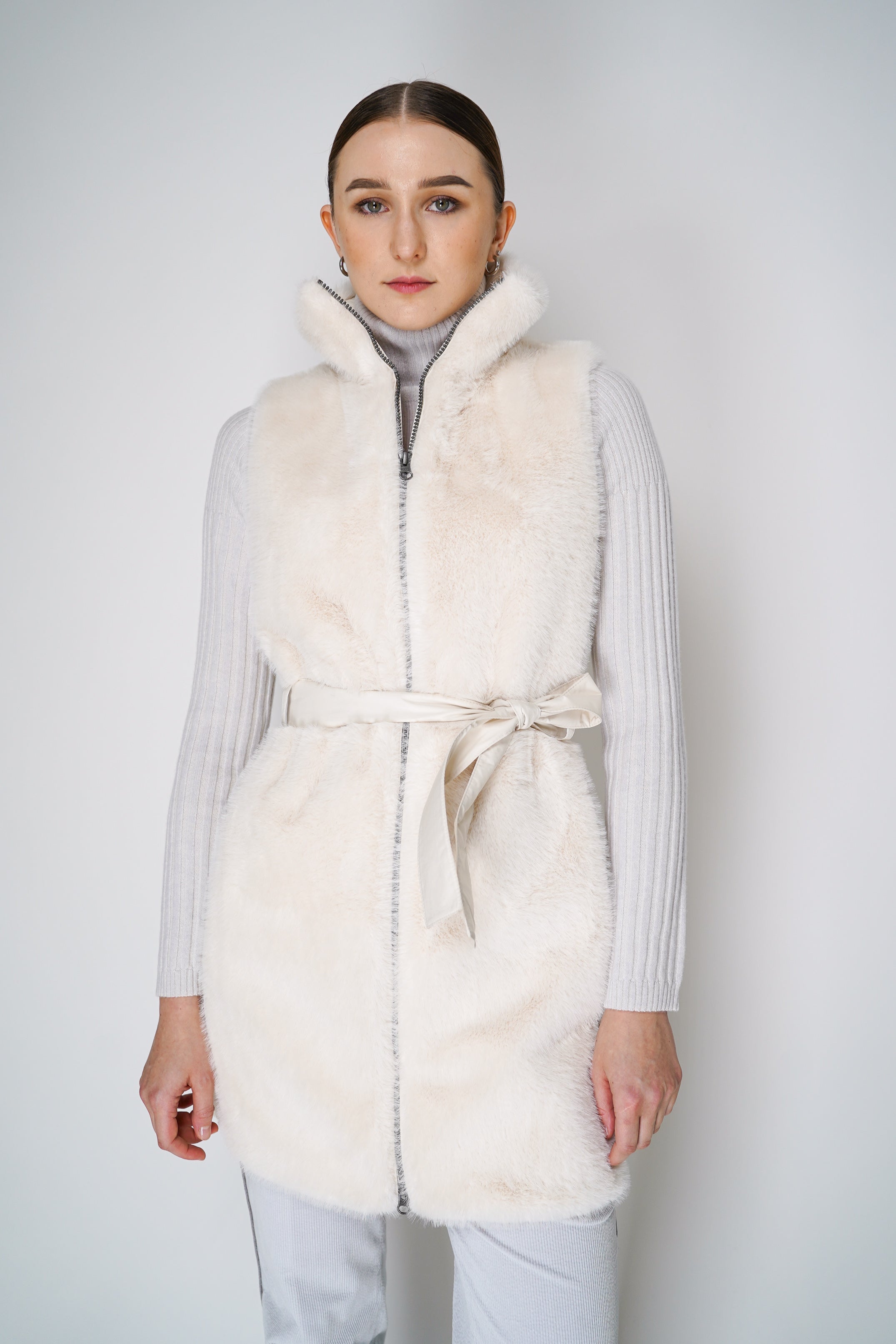 Tonet Faux Fur Vest with Tie Belt in Winter White Ashia Mode