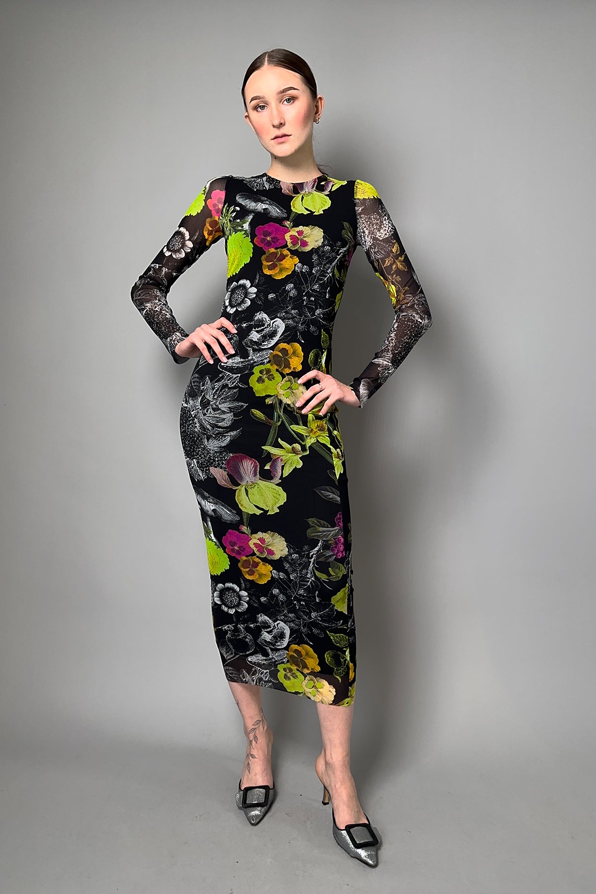 Fuzzi Round Neck Stretch Tulle Dress in Multi-Colour Floral Print