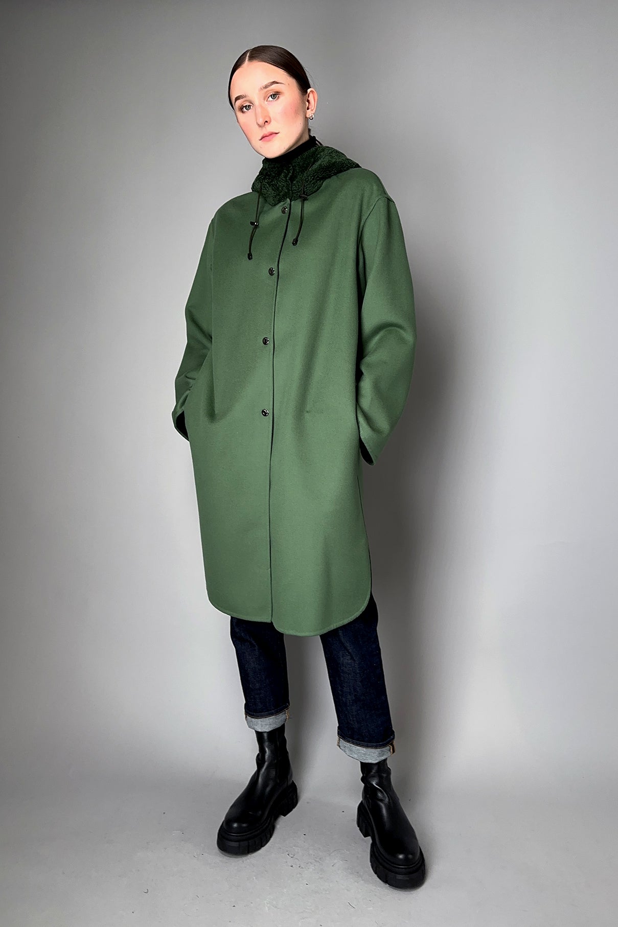 Manzoni 24 Wool-Cashmere Parka with Curly Shearling Hood in Jade