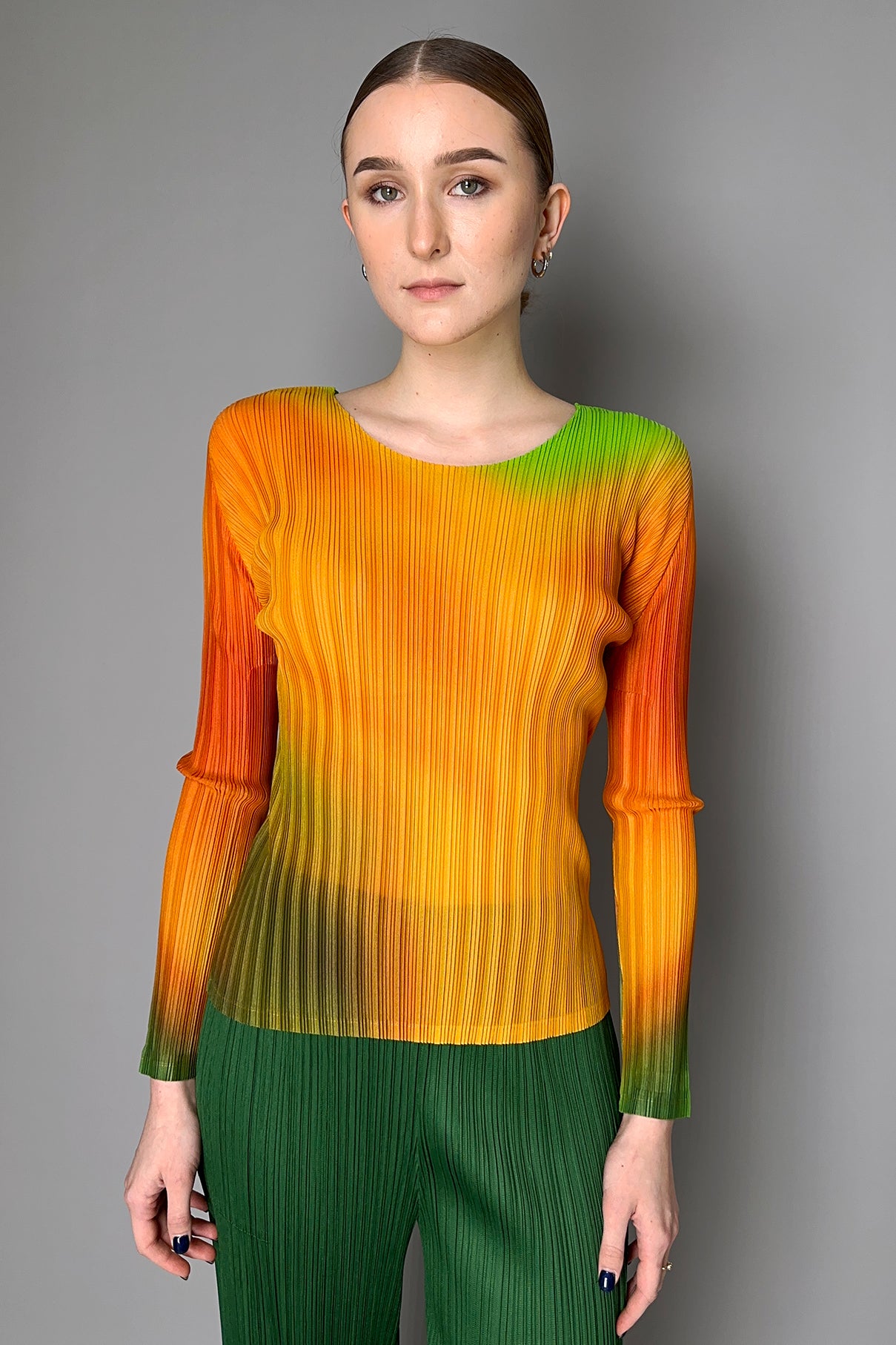 Pleats Please Issey Miyake Melty Rib Crew Neck Top in Orange and 