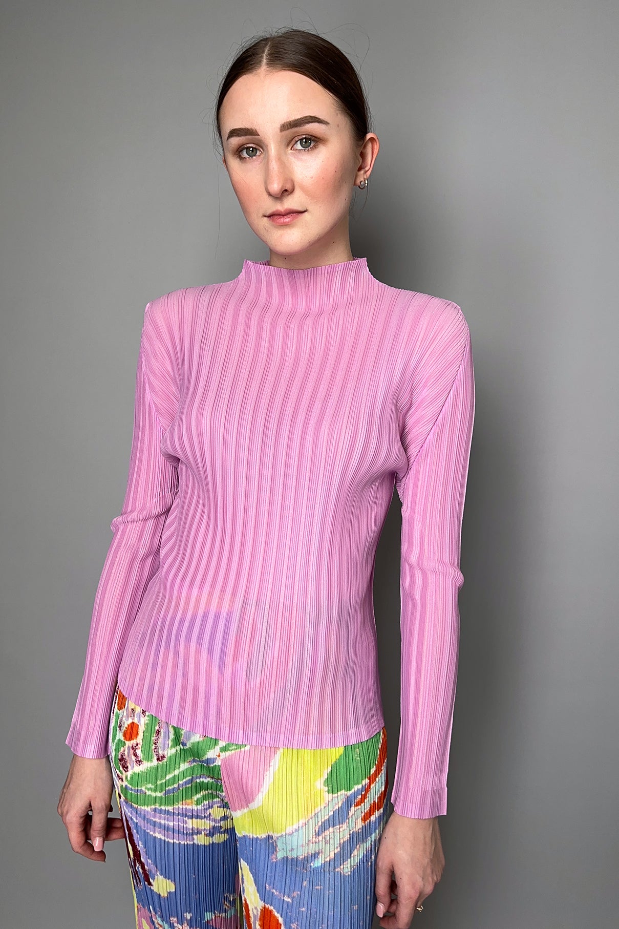 Pleats Please Issey Miyake Rib Pleats October Mock Neck Top in Pink