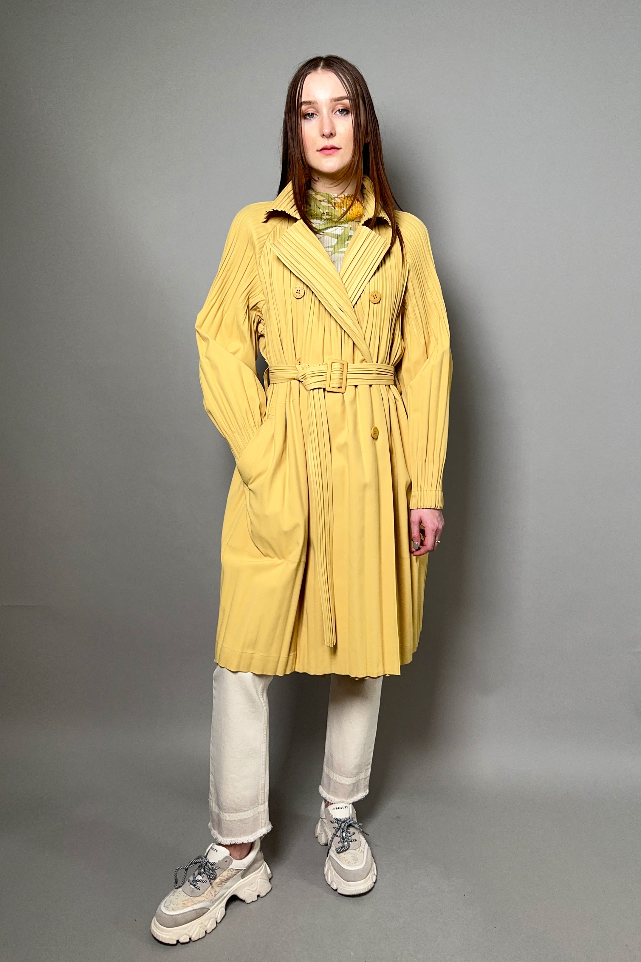 Pleats Please Smooth Trench Coat in Yellow Ochre