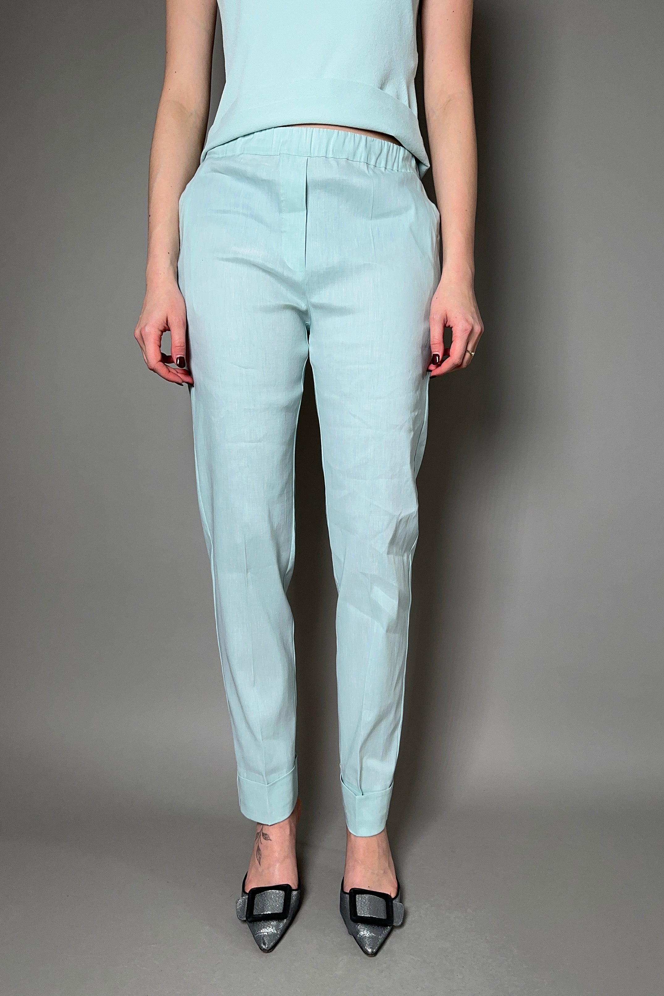 D. Exterior Long Narrow Stretch Linen Pants in Aqua