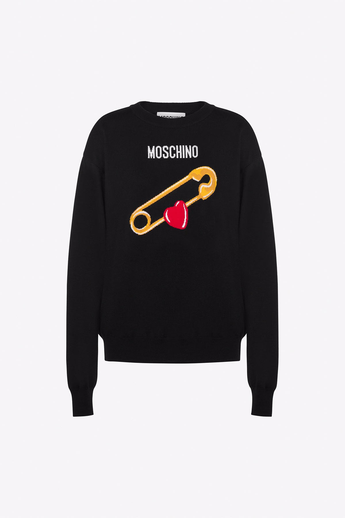 Moschino Virgin Wool Knitted Heart and Safety Pin Inlay Sweater in Black