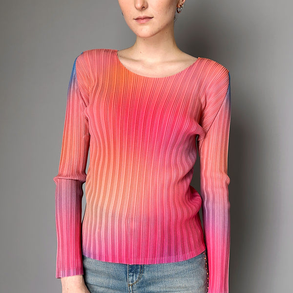 Pleats Please Issey Miyake Melty Rib Crew Neck Top in Pink and 
