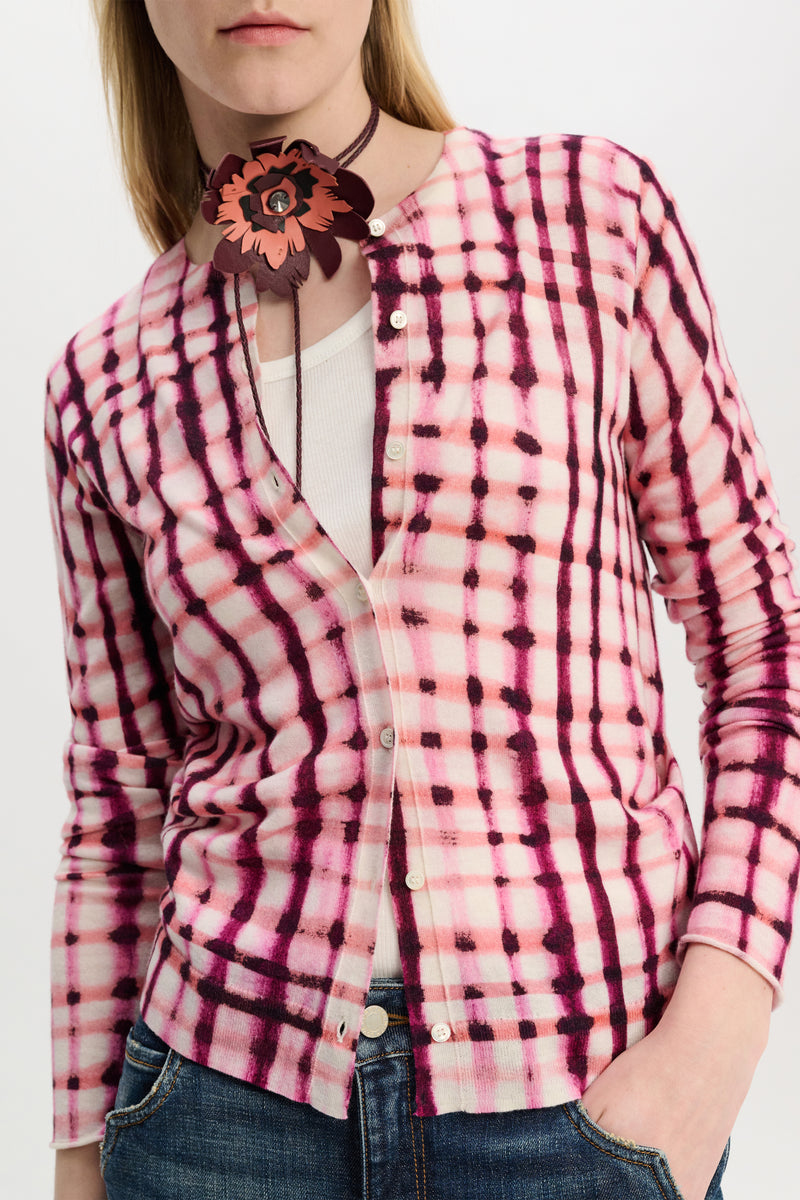 Dorothee Schumacher Watercolor Check Print Cardigan in Pink Vancouver. Shop Online or in Store.