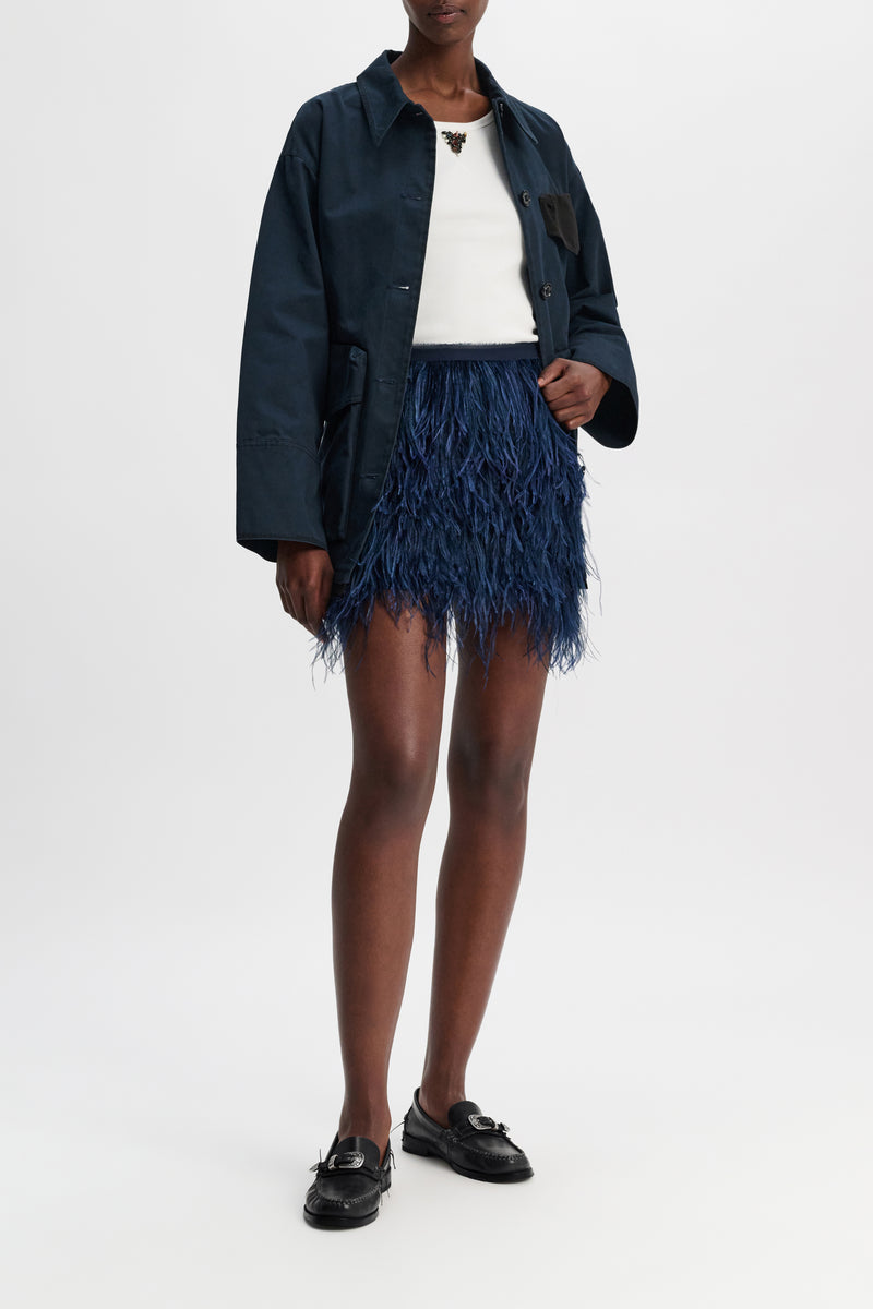 Dorothee Schumacher Georgette Mini-Skirt with Allover Feather Appliqué in Navy