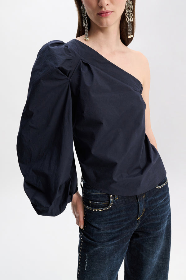 Dorothee Schumacher Asymmetric Cotton-Poplin Top with Voluminous Long Sleeve in Black Vancouver. Shop Online or in Store.