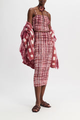 Dorothee Schumacher Silk Viscose Plaid Pencil Skirt with All- Over Smocking in Pink