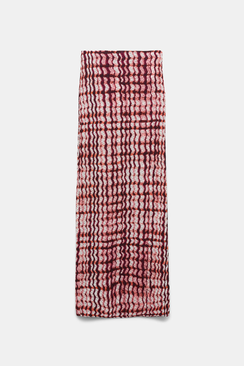 Dorothee Schumacher Silk Viscose Plaid Pencil Skirt with All- Over Smocking in Pink