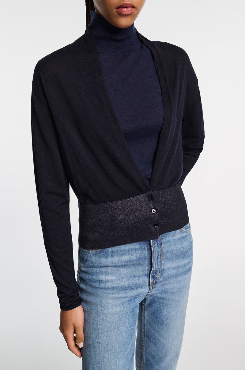 Dorothee Schumacher V-Neck Cardigan with Foil Print in Navy Vancouver. Shop Online or in Store.