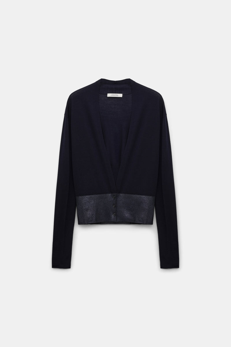 Dorothee Schumacher V-Neck Cardigan with Foil Print in Navy Vancouver. Shop Online or in Store.