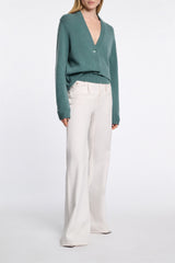 Dorothee Schumacher Merino Cashmere Blend Asymmetric Cardigan in Eucalyptus Green