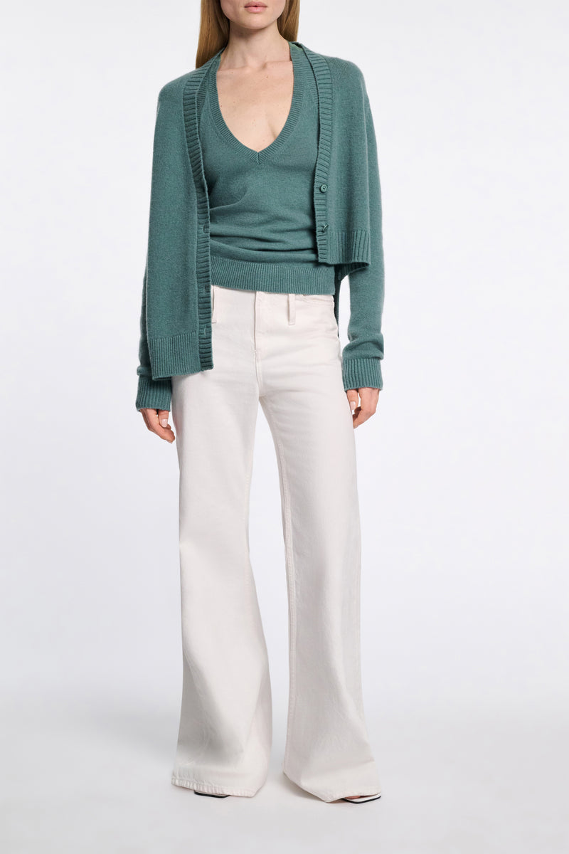 Dorothee Schumacher Merino Cashmere Blend Asymmetric Cardigan in Eucalyptus Green