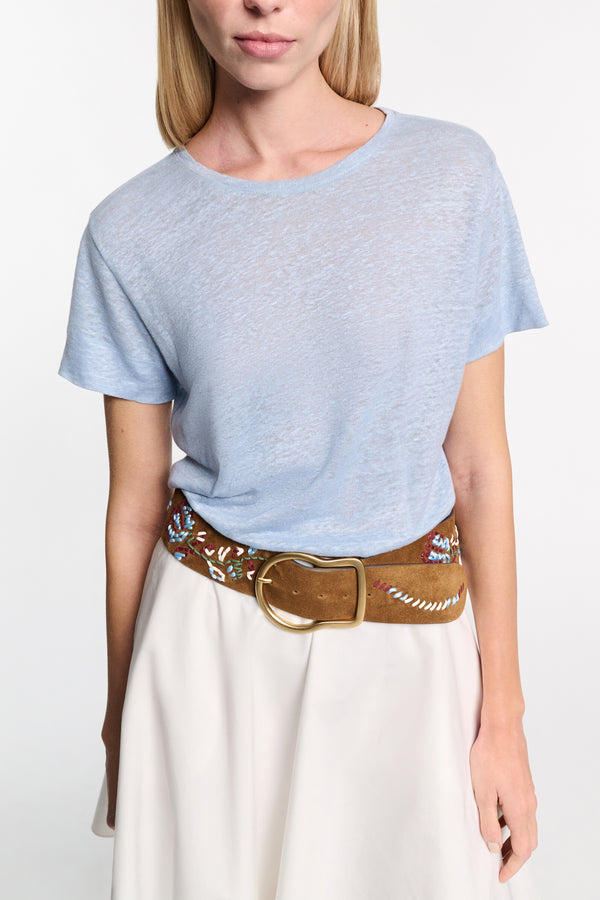 Dorothee Schumacher Round Neck Hemp T-Shirt in Blue