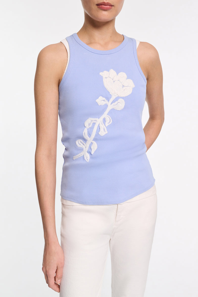 Dorothee Schumacher Fine Rib Tank Top with Embroidery in Blue