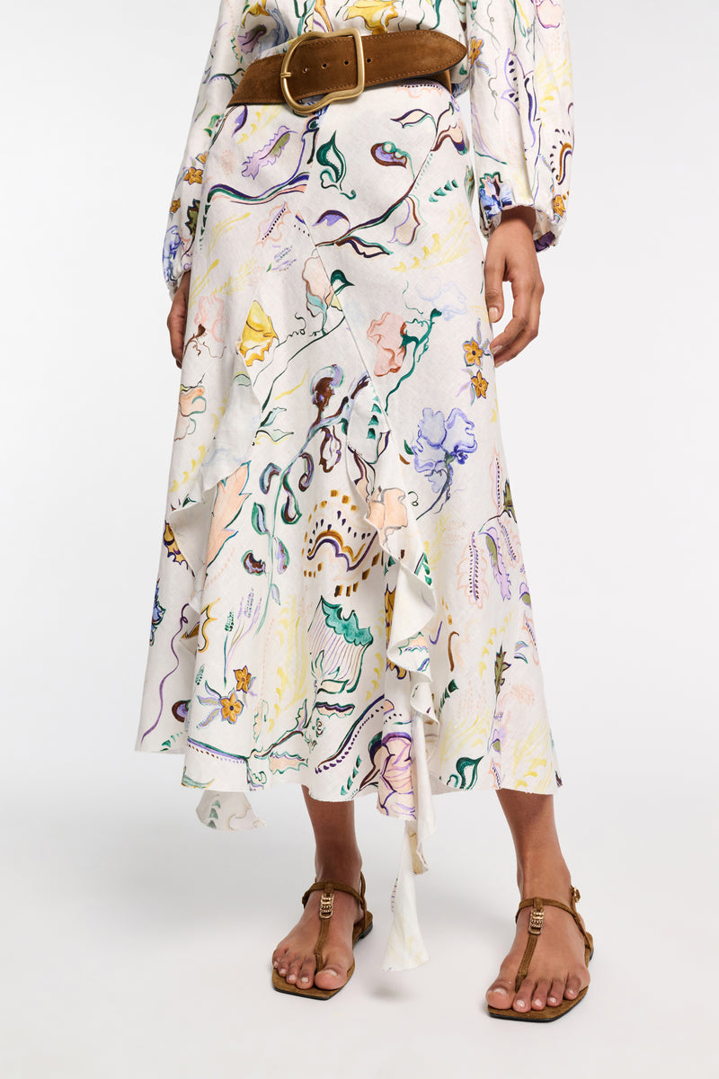 Dorothee Schumacher Printed Linen Bias Cut Maxi Skirt in White