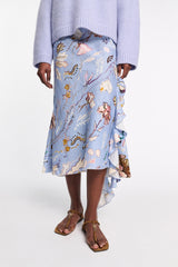 Dorothee Schumacher Printed Linen Bias Cut Maxi Skirt in Blue