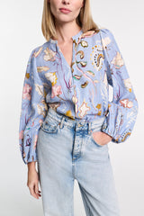 Dorothee Schumacher Printed Linen Slim Cut Blouse in Blue