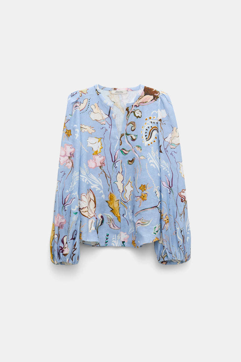 Dorothee Schumacher Printed Linen Slim Cut Blouse in Blue