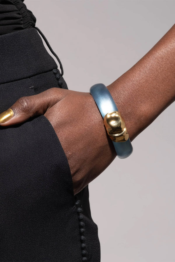 Alexis Bittar Molten Gold Lucite Hinge Bracelet in Bermuda Blue