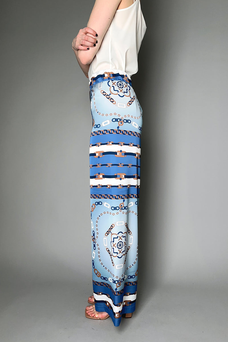 D. Exterior Chain Print Silky Twill Trousers in Blue and Bronze