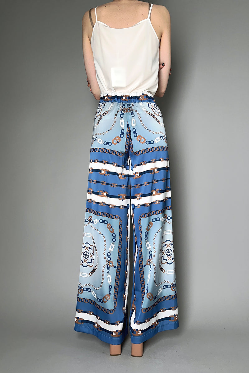 D. Exterior Chain Print Silky Twill Trousers in Blue and Bronze