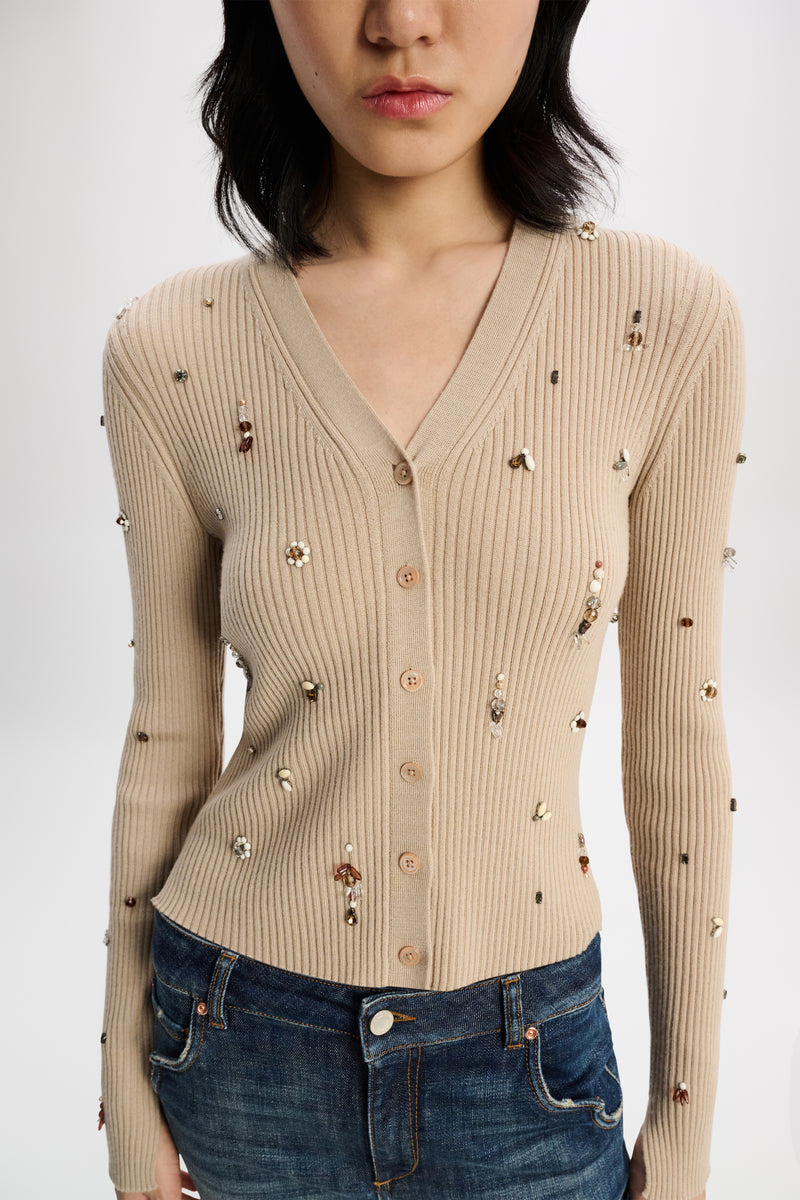 Dorothee Schumacher Embellished Fine Rib Merino Twinset in Beige