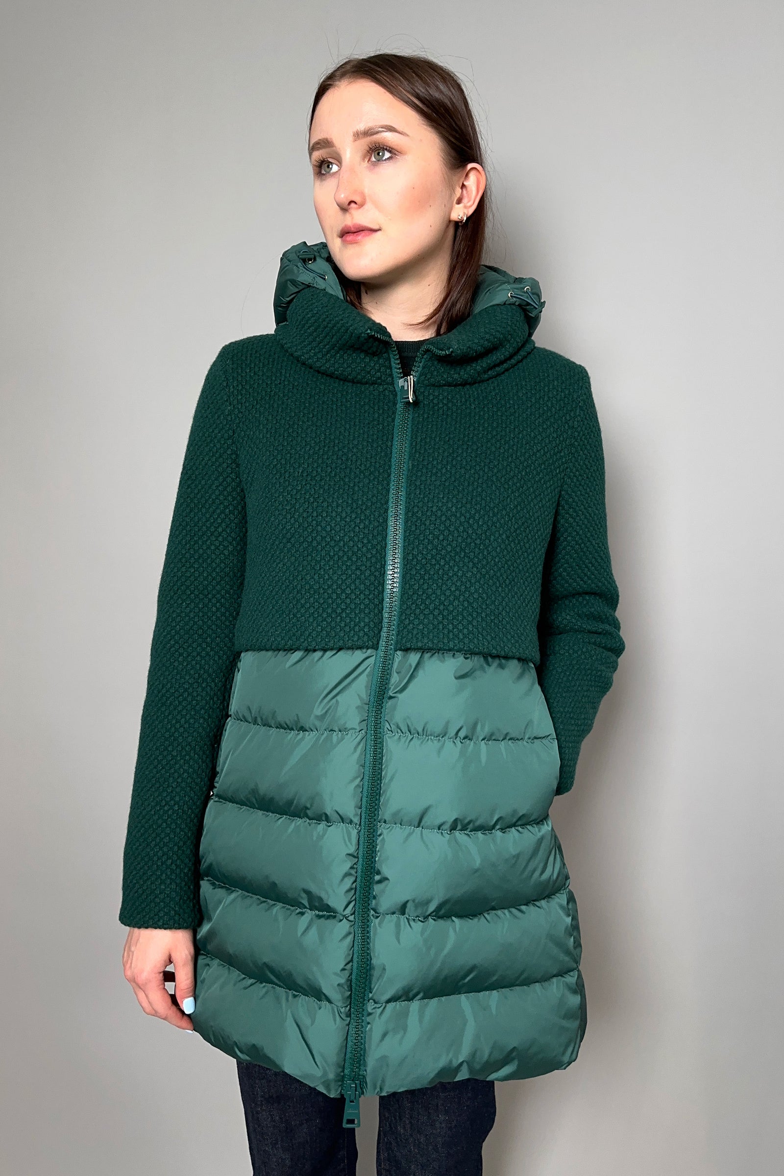 Herno Down Puffer Coat with Knit Overlay in Hunter Green Ashia Mode