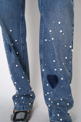 Moschino Jeans Peace & Love Pearl Embellished Jeans Vancouver. Shop Online or in Store. 
