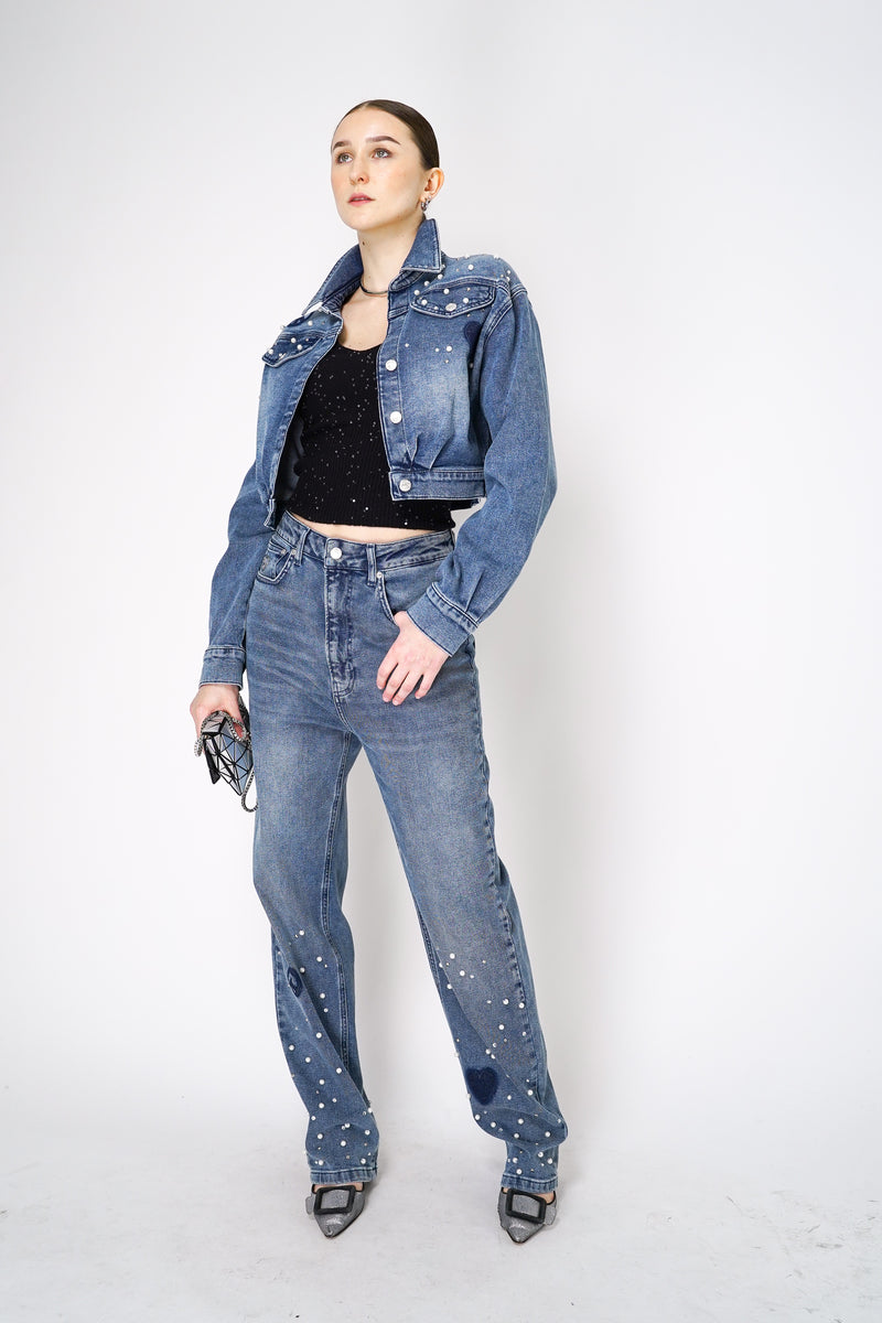 Moschino Jeans Peace & Love Pearl Embellished Jeans Vancouver. Shop Online or in Store. 
