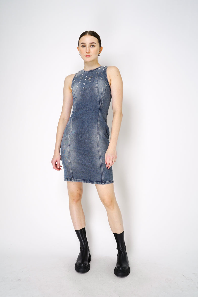 Moschino Jeans Sleeveless Denim Dress with Pearl Embellishments Vancouver. Shop Online or in Store. 
