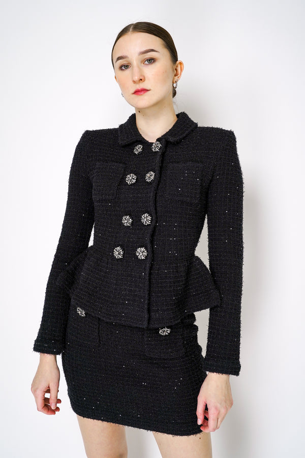 Self-Portrait Black Textured Knit Peplum Jacket Vancouver. Shop Online or in Store.