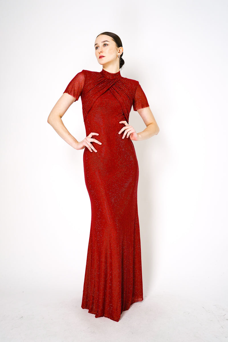 Self-Portrait Red Rhinestone Mesh Maxi Dress Vancouver. Shop Online or in Store.