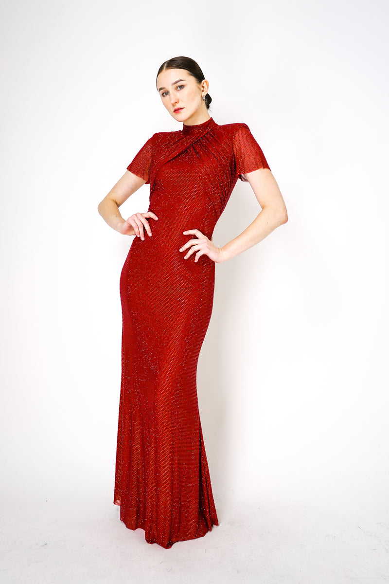 Self-Portrait Red Rhinestone Mesh Maxi Dress Vancouver. Shop Online or in Store.