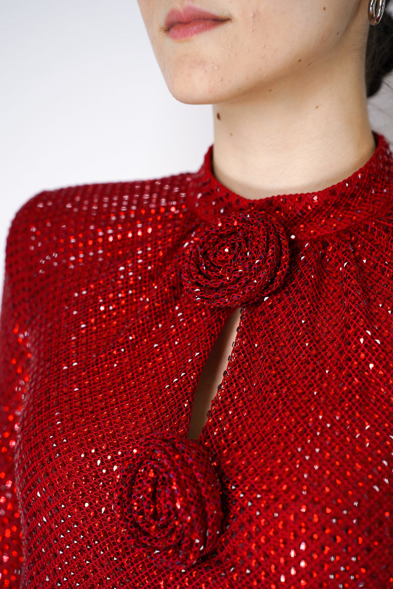 Self-Portrait Rhinestone Fishnet Top in Red Vancouver. Shop Online or in Store.