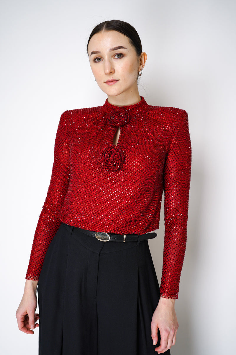 Self-Portrait Rhinestone Fishnet Top in Red Vancouver. Shop Online or in Store.