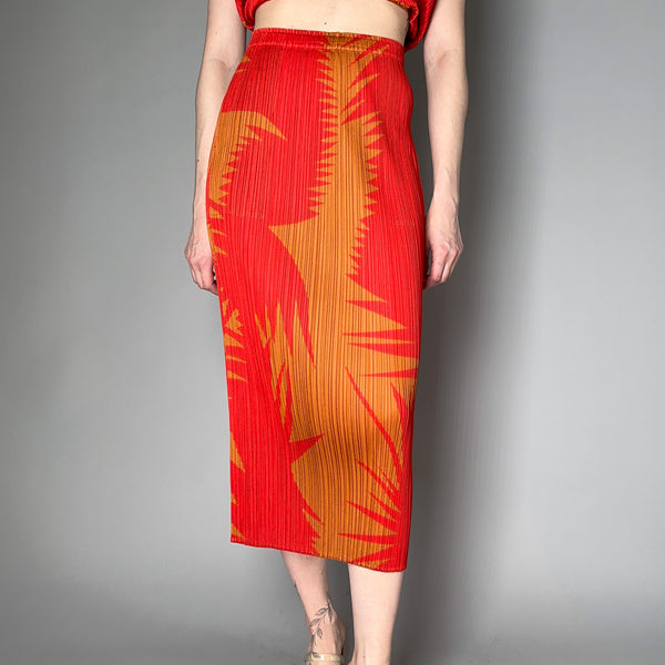 Pleats Please Issey Miyake Piquant Long Skirt in Red and Orange 