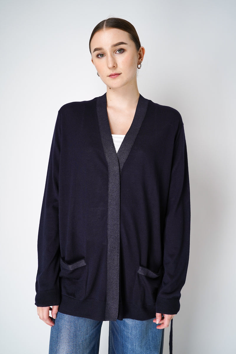 Dorothee Schumacher Long Cardigan with Foil Print and Tie in Navy Vancouver. Shop Online or in Store.