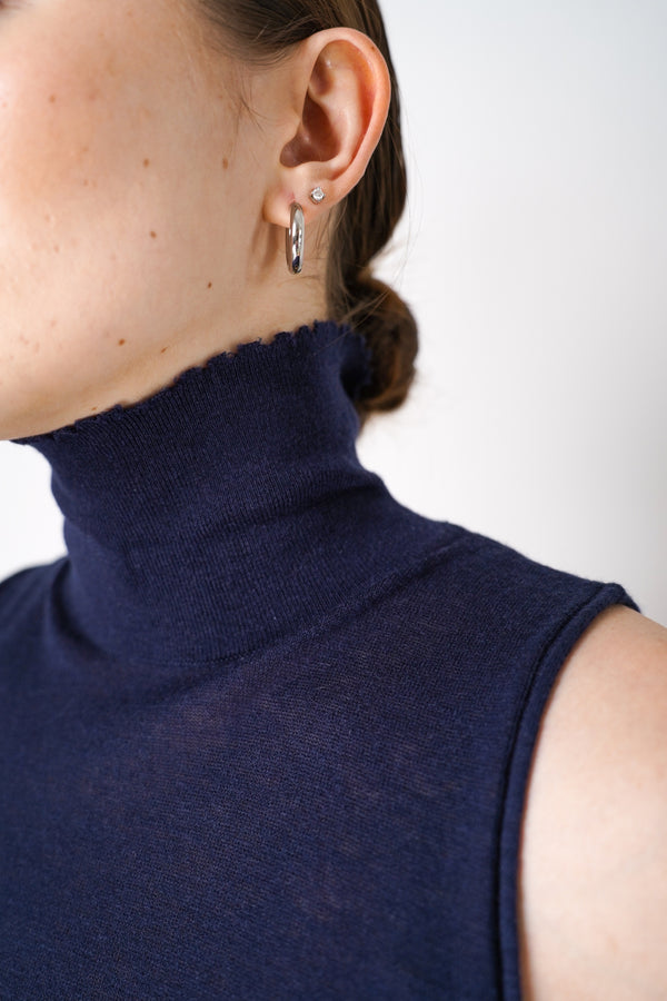 Dorothee Schumacher Knitted Wool Cashmere Sleeveless Turtleneck in Navy Vancouver. Shop Online or in Store. 