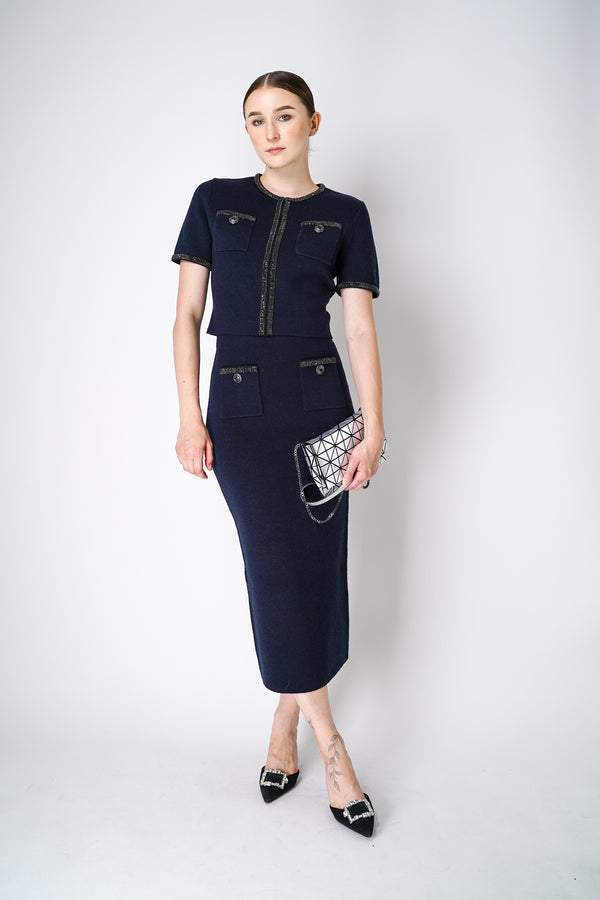 Self-Portrait Knit Pencil Skirt With Black Rhinestones in Navy