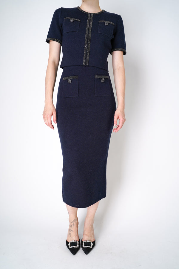 Self-Portrait Knit Pencil Skirt With Black Rhinestones in Navy