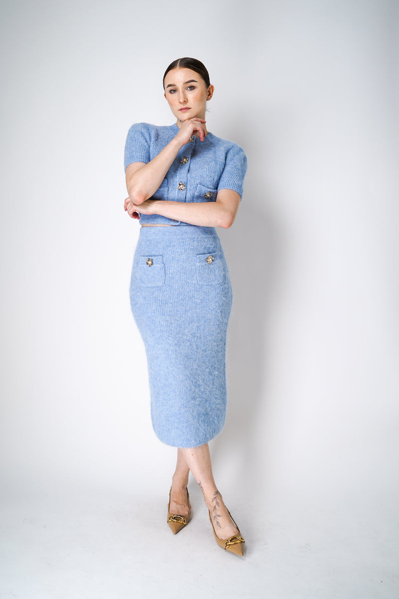 Self Portrait Alpaca Knit Pencil Skirt with Lurex Thread in Sky Blue