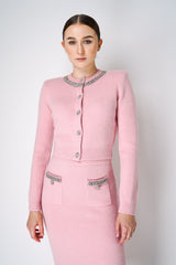 Self-Portrait Wool Blend Cardigan with Embellished Neckline in Pink Vancouver. Shop Online or in Store.