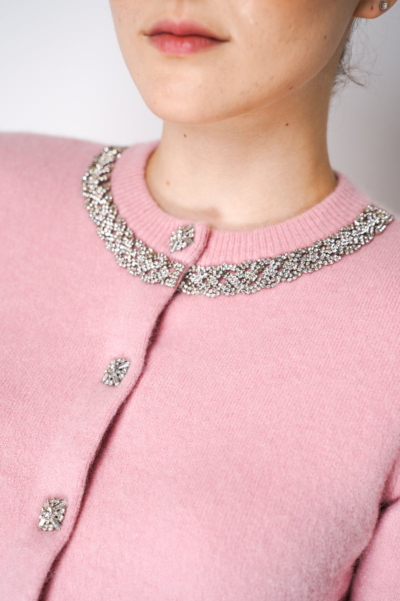 Self-Portrait Wool Blend Cardigan with Embellished Neckline in Pink Vancouver. Shop Online or in Store.