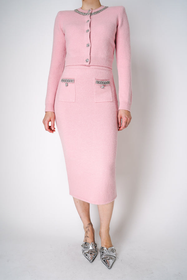 Self-Portrait Knit Pencil Skirt with Embellished Pockets in Pink