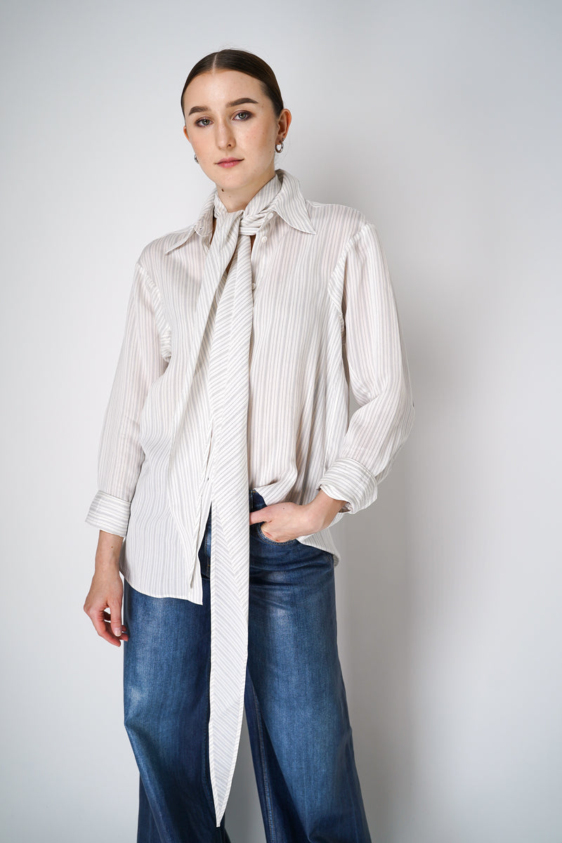 Dorothee Schumacher Silk Blend Striped Blouse with Removable scarf in White and Navy Vancouver. Shop Online or in Store.