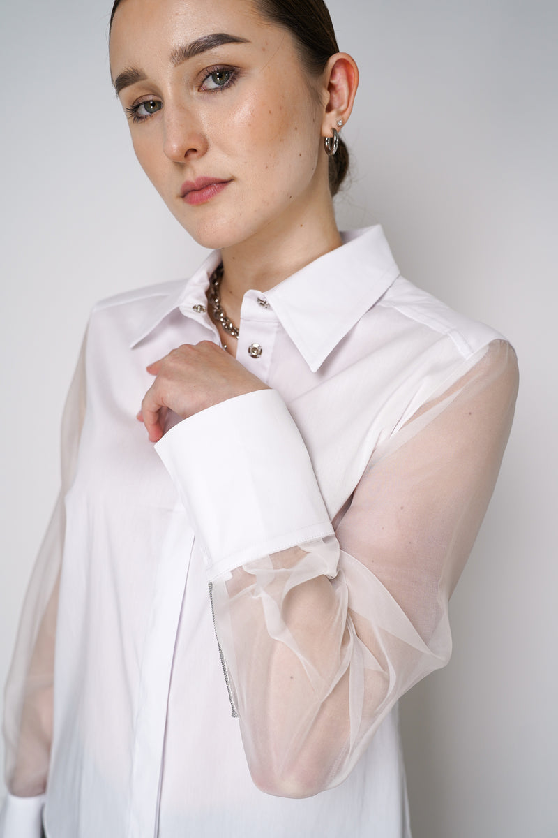 D. Exterior Cotton Poplin Blouse with Sheer Silk Organza Sleeves in White Vancouver. Shop Online or in Store.